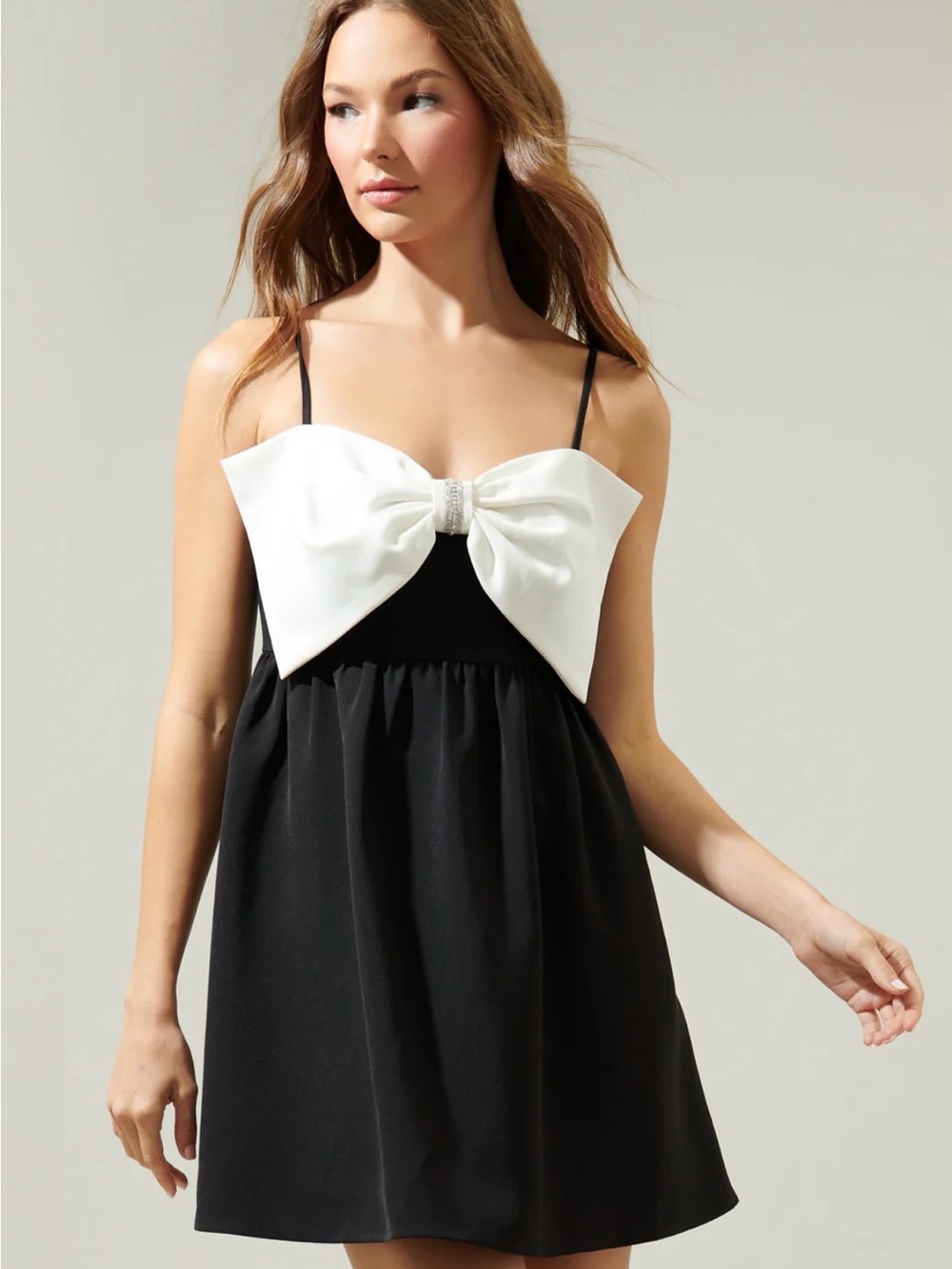Sugarlips Black Mini Dress with White Bow Front - Picture 2 of 5